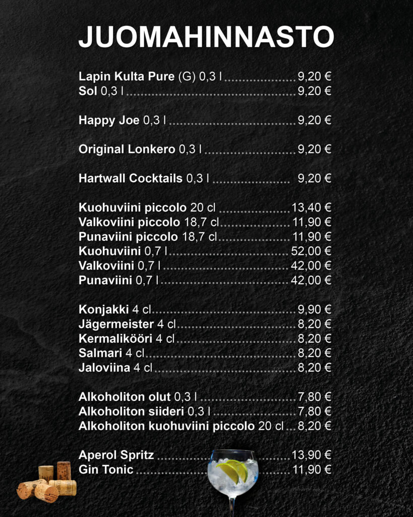 Juomahinnasto ja tuotteet